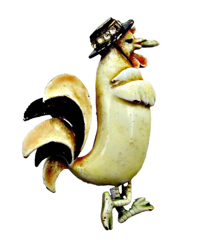 VINTAGE SIGNED CFW (HAR) ROOSTER BIRD CIGAR ENAMEL GOLD RARE BROOCH PIN MCM 50’s