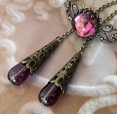 Vintage Necklace Art Nouveau Amethyst Cabochon Pendant Czech Glass Lariat