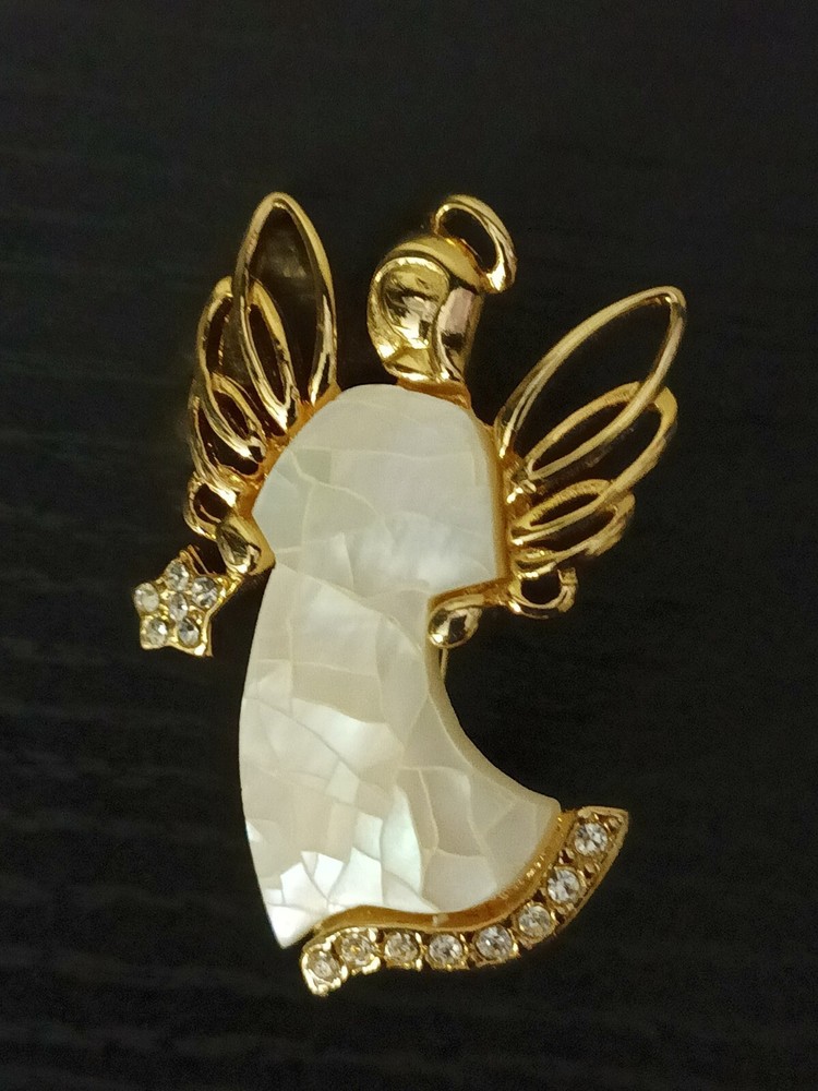 Lauren Conrad LC Mother Of Pearl Rhinestone Gold Tone Angel Brooch Pin