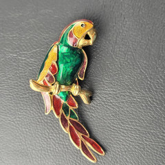 Vintage Gold Tone Metal Multicolored Enamel Parrot on a Branch Brooch