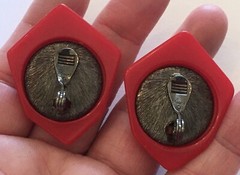 Vintage MONET ~ Big 1.75” Irregular Polygon ~ Red Lucite Clip Earrings