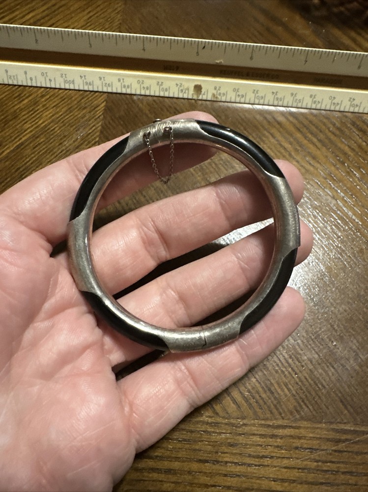 Vintage Sterling Asian Export Onyx Bangle Bracelet 2.25” Internal Diameter