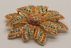 Vintage Gold Tone Pink Peach And Blue Beaded Large Sunflower Brooch