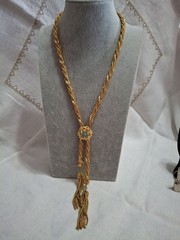 Vintage Ornate Gold Lariat Twisted Necklace With Turquoise Station & Clasp