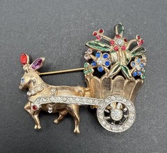 Vintage Donkey Flower Cart Rhinestone Brooch Pin J110