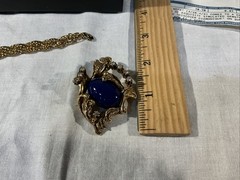 Vintage “Erwin Pearl” Signed Blue Lapis Brooch Pin 30” Erwin Goldtone Necklace