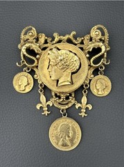 Vintage Gold Tone Regina II Faux Coins Brooch Pin 2.5 Inches