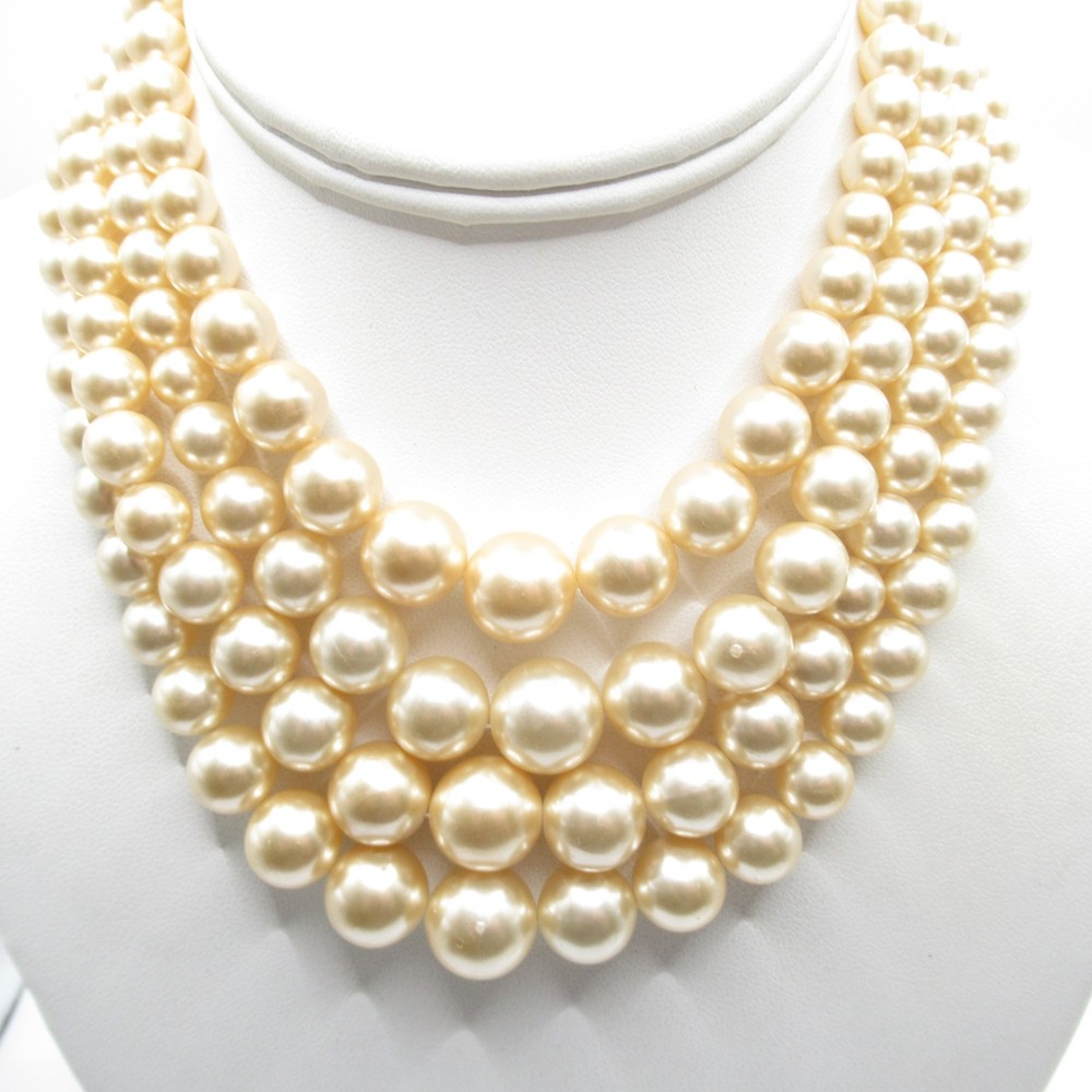 Four Multi-Strand Vintage Faux Peal Classic Necklace Signed Japan Creamy Beige
