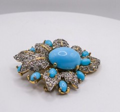 Jomaz Mazer Blue & White Rhinestone Gold Flower 2″ Brooch Pin Signed HTF