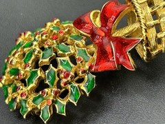 Vintage Vero Holly Berry Enameled Christmas Brooch