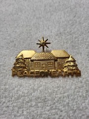 Vtg Signed Casual Corner PEACE ON EARTH Pin Brooch House tree rhinestone star