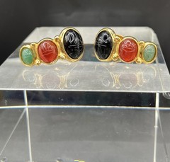 Egyptian Style Carved Scarab Weingeroff Glass/stone Half Hoop Drop Earrings