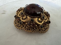 Signed Florenza Large Amber Glass Cabochon Rhinestone Gold Tone Vintage Brooch