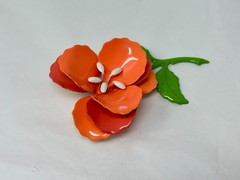 Vintage Peach Pink and Green Enamel Metal 3.5″ Flower Brooch Pin