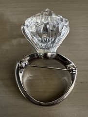 Silver Tone Huge Clear White Rhinestone Solitaire Ring Brooch Pin