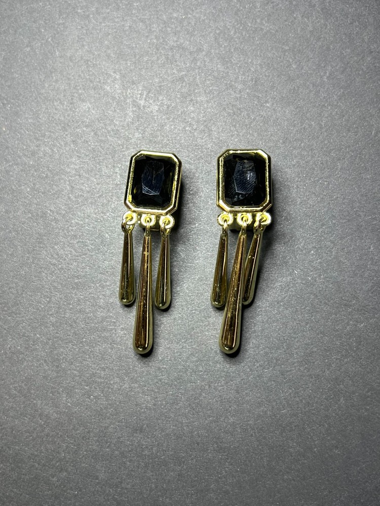 Vintage Jewelmint Gold Tone & Green Black Glass Dangle Drop Clip On Earrings 2″