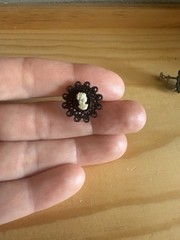 Vintage White Cameo Portrait On Black Lace Accent Screwback Earrings
