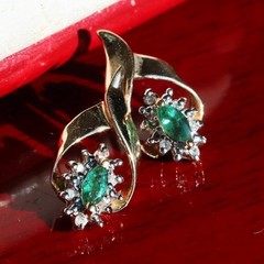 10k yellow gold 0.18c natural diamond earrings emerald dangle treated 1.95g 3219
