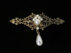 Vintage Ornate Metal Bar Dangle Brooch with Faux Pearls