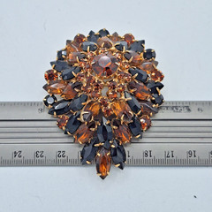 Jet Black & Topaz Orange Rhinestone Domed Brooch Gold Tone D&E? Style 2.25″