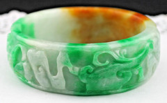 Chunky Vintage Carved Jadeite Jade Dragon Foo Dog 6.5″ Bangle Bracelet