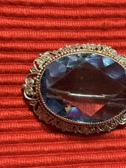 Vintage Oval London Blue Topaz Gem Stone Brooch W/ Silvertone Filigree