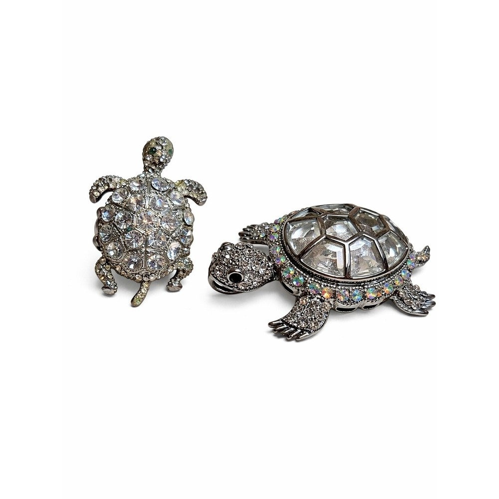Vintage Rhinestone Turtle Brooch Pendant Stretch Ring Set Clear AB Crystal