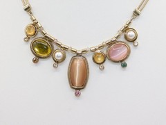 J812-VINTAGE NECKLACE~GOLD TONE~SIGNED CH~PASTEL STONES/FAUX PEARLS~16″-18″