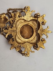 Vintage Florenza Signed Brooch Amber Topaz Rhinestone Gold Tone Chains 3.25″ Lg