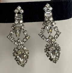 Vintage Choker Necklace Clear Rhinestone Silver Tone Asymmetrical w/ Earrings