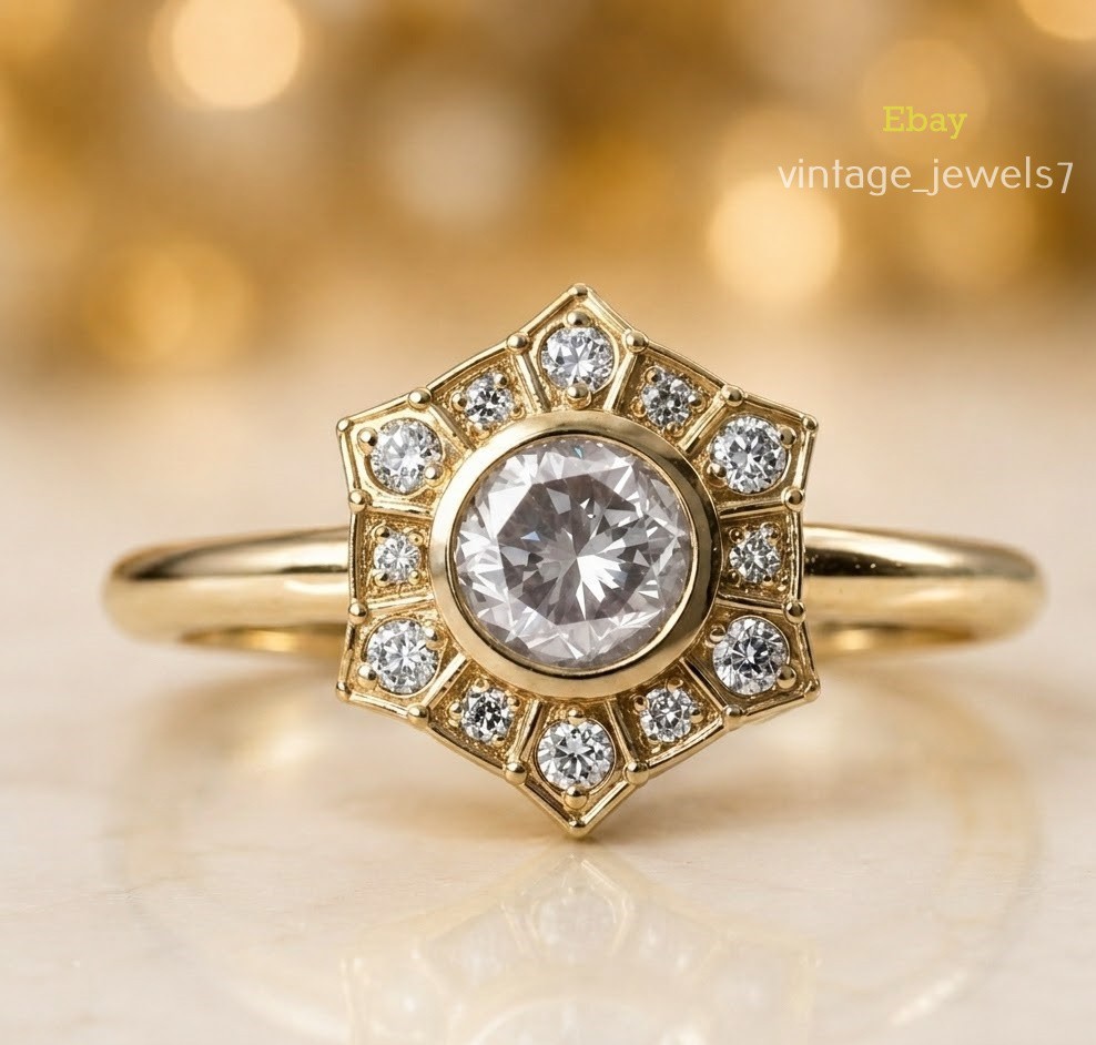 Vintage Hexagon Halo 2CT Round Cut Lab Created Diamond Ring 14K Yellow Gold Over