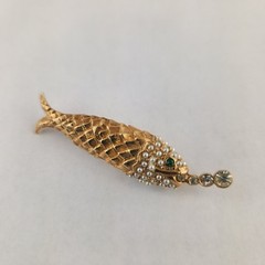 Vintage Fish Brooch Faux Pearl Green Rhinestone Gold Tone Figural Nautical Pin