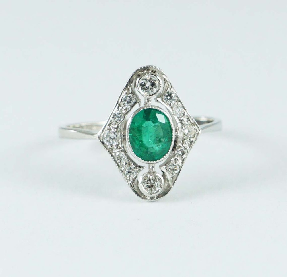 Art Deco Oval Emerald &Lab Created Diamond 14K White Gold Finish Party Wear Ring