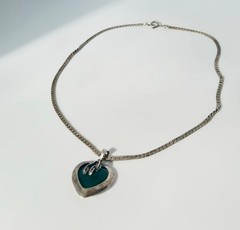 Vintage green malachite necklace sterling silver 925 heart pendant woman jewelry