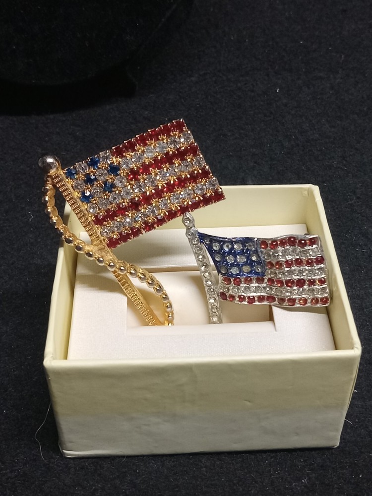 Rafaelian Multicolor Rhinestone Gold Tone American Flag Pin Brooch + Smaller Pin