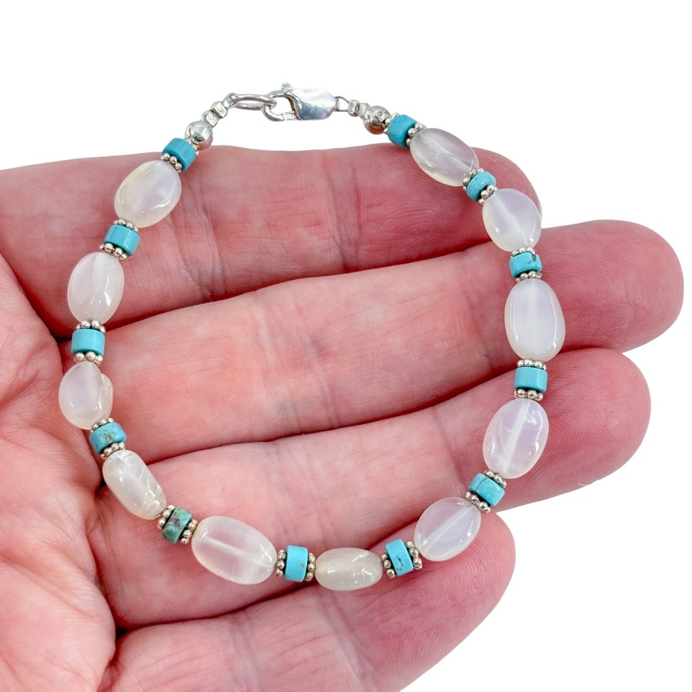 Vintage Sterling Silver 925 Moonstone Turquoise Beaded Bracelet 7.5″