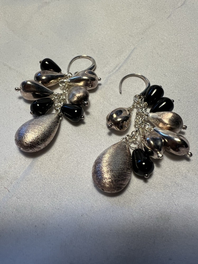 Vintage 925 Italy Dangling Pear Shaped Sterling Silver & Black Onyx Earrings