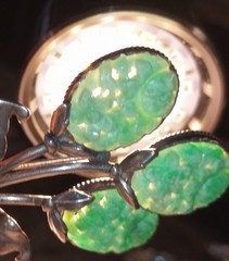 Vintage Chinese Carved Jadeite 3 Flowers Sterling Silver Leaves Brooch Jade Pin