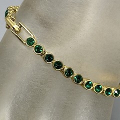 VTG Green Rhinestone Tennis Bracelet Gold Tone Faceted Glass Bezel Fold Over 7″