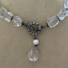 Vintage estate sterling silver raw rock crystal Pearl beaded Toggle necklace 925