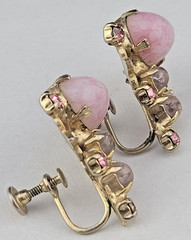 Victorian Pink Molded Glass Gripoix Cabochon Purple Enamel Screw Earrings 1 1/8″