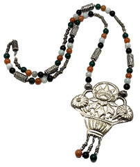 Vintage Chinese Lotus Pendant Necklace Semi Precious Stone Bead Amulet Statement