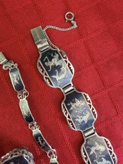 Vtg Siam Sterling Niello 2 Bracelets Earrings Set Black Silver Thailand