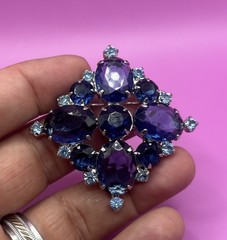 Vintage Silver Tone Prong Set Blue Rhinestone Pin Brooch 2 1/4”