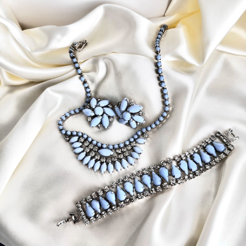 Vintage Light Blue Milk Glass Rhinestone Necklace Bracelet Earrings Jewelry Set