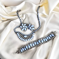 Vintage Light Blue Milk Glass Rhinestone Necklace Bracelet Earrings Jewelry Set