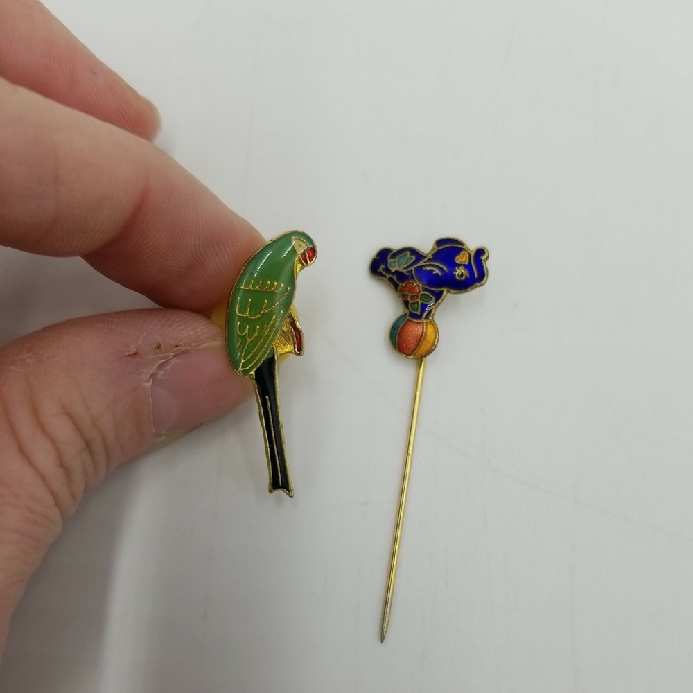 Vintage Circus Elephant On Ball Enamel Cloisonné Stick Pin & Parrot Push Pin
