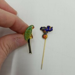 Vintage Circus Elephant On Ball Enamel Cloisonné Stick Pin & Parrot Push Pin