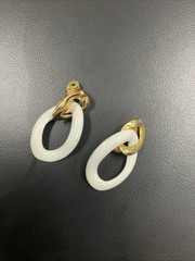 Vintage MONET Clip On Set Gold Tone & White Enamel/ Gold Texture Dangle Hoops