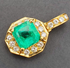 Original EARTH MINED Colombian EMERALD DIAMOND Pendant Deco Halo SOLID 18K GOLD